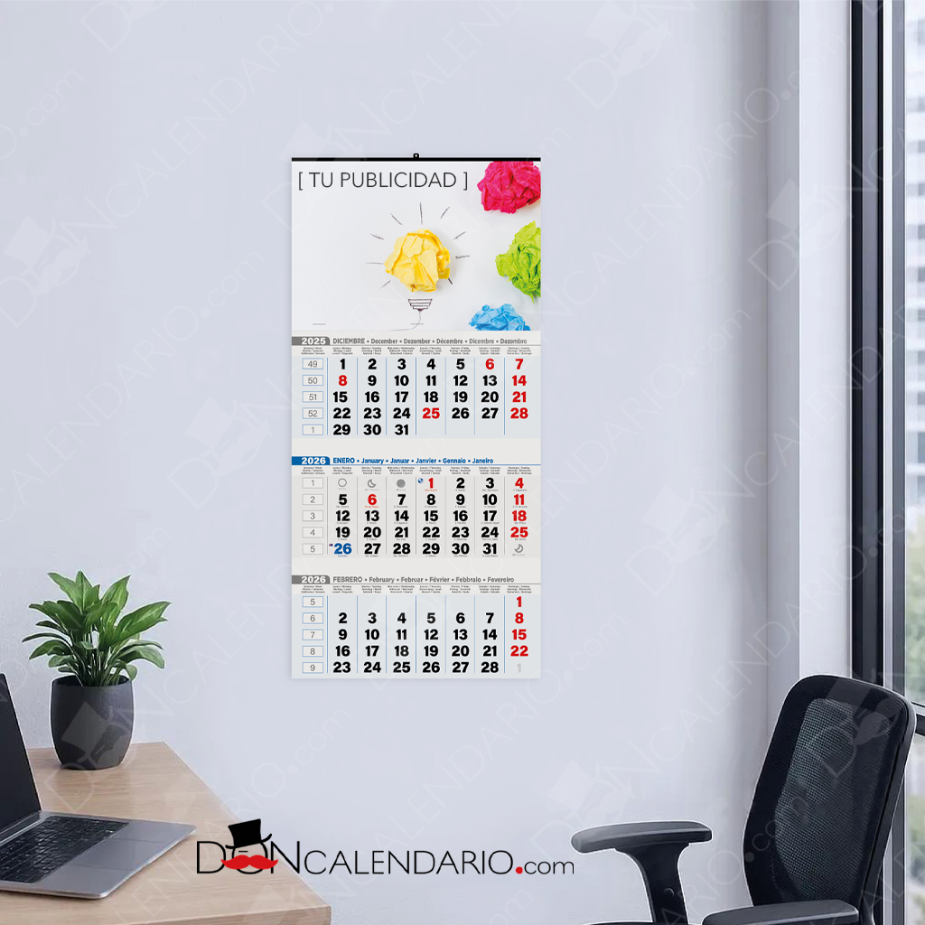 Calendario de 3 meses con faldilla internacional y festividades de Europa.