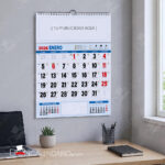 Calendario de pared muy grande con la publicidad en la parte de arriba.